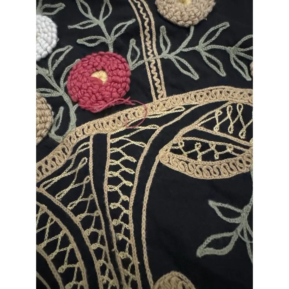 Vintage Crewel Embroidery Pillow Cover Basket Flowers Raised Wool Folk Art